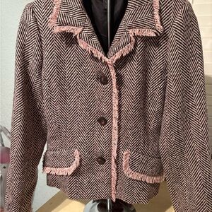 Vintage Harold’s Size 4 Herringbone Tweed Blazer with Pink and Brown Accents